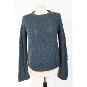 Vtg 90s Anne Klein M Blue/Green Fuzzy Alpaca Cable-Knit Sweater Pocket